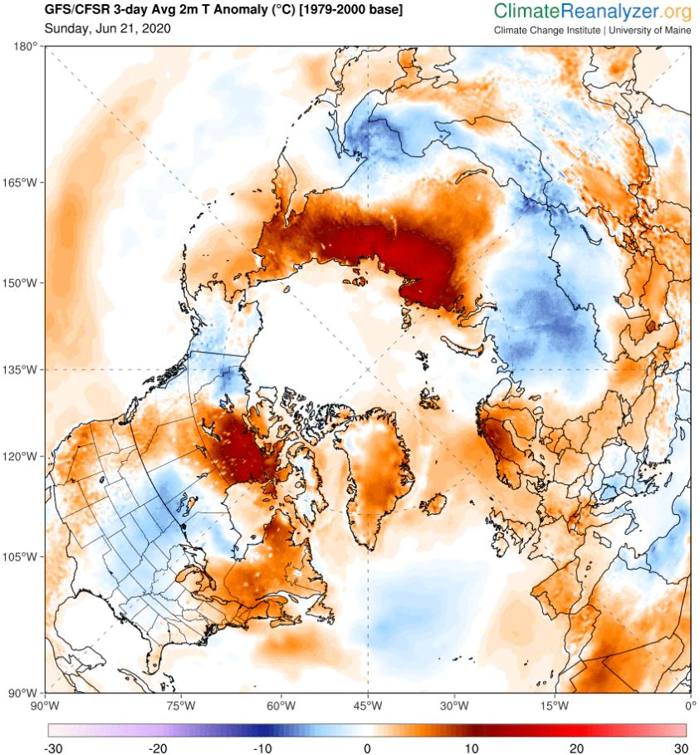 La temperatura se aleja del promedio proyectado durante los próximos tres días, mostrando temperaturas extremas en Siberia y partes de Canadá