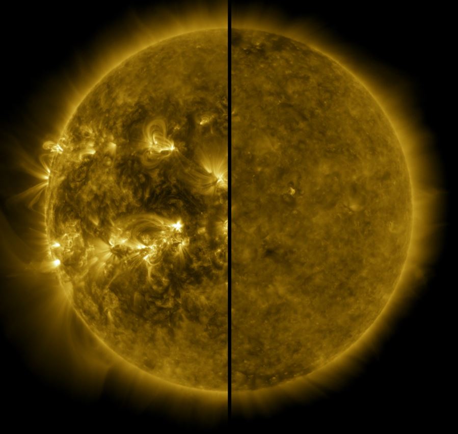 Una imagen dividida muestra el Sol durante el máximo de un ciclo solar a la izquierda (abril de 2014) y durante el mínimo de un ciclo solar a la derecha (diciembre de 2019)
