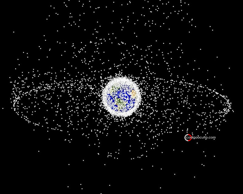 Representación de basura espacial alrededor de la Tierra