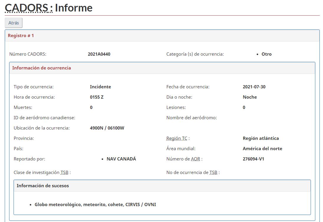 Sitio web CADORS, que contiene archivo de incidentes de vuelo del gobierno canadiense. En la imagen el reporte del incidente del vuelo CFC4003