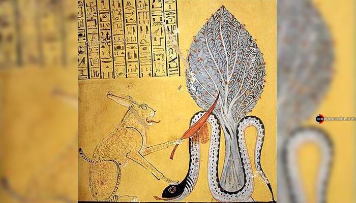 El dios del sol Ra, en forma de Miuty, el «Gran Gato de Heliópolis», luchando contra Apofis