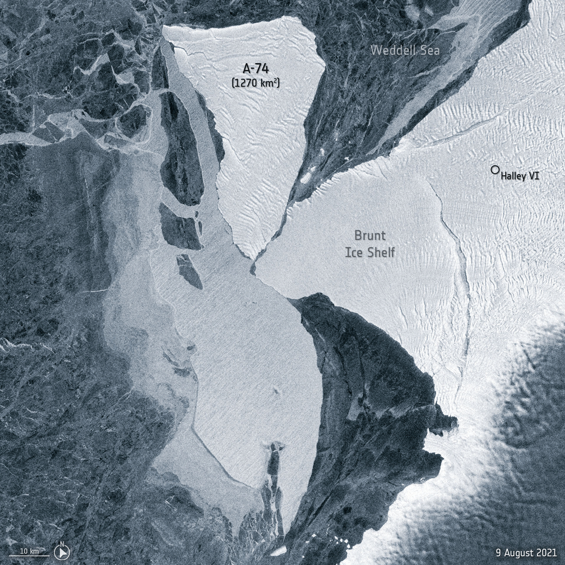 Una serie de imágenes muestra el iceberg A-74 entre el 9 y el 18 de agosto de 2021