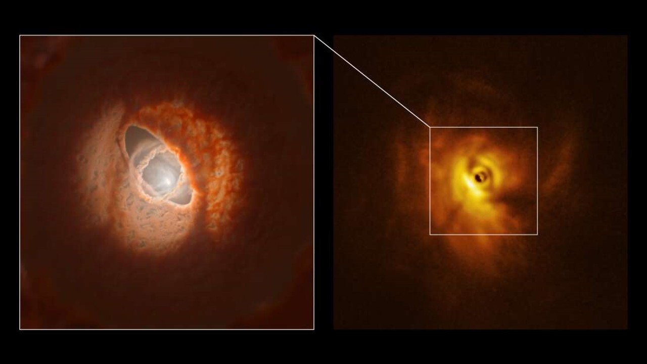 Representación artística (izquierda) y observaciones de ALMA del sistema GW Orionis
