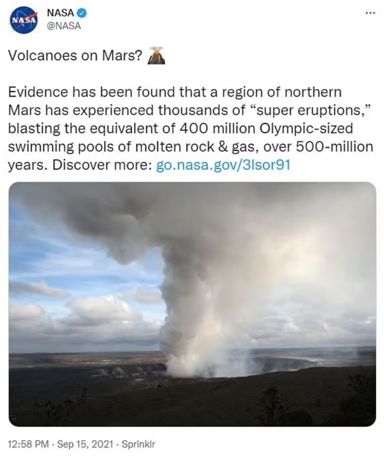 Las erupciones ocurrieron durante un período de 500 millones de años en la parte norte de Marte, hace unos 4 mil millones de años