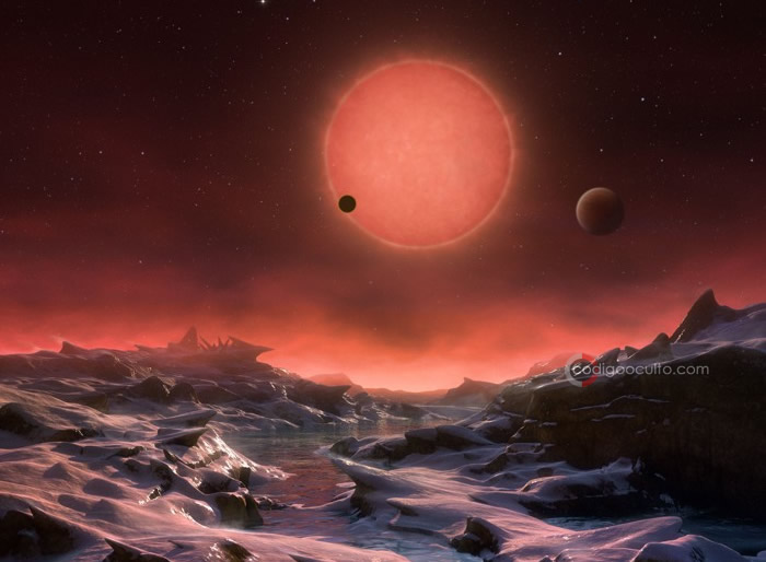 Representación artística de la superficie de un planeta que orbitaría la estrella TRAPPIST-1