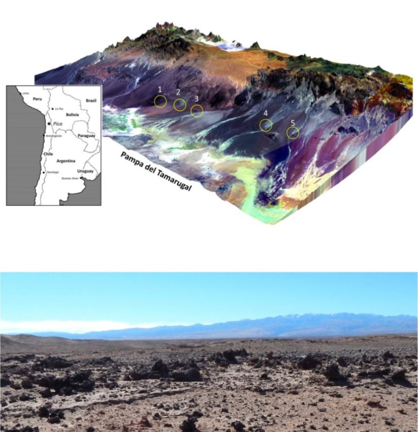 Los depósitos de vidrio se encuentran concentrados en grupos al este de la Pampa del Tamarugal, una meseta en el desierto de Atacama