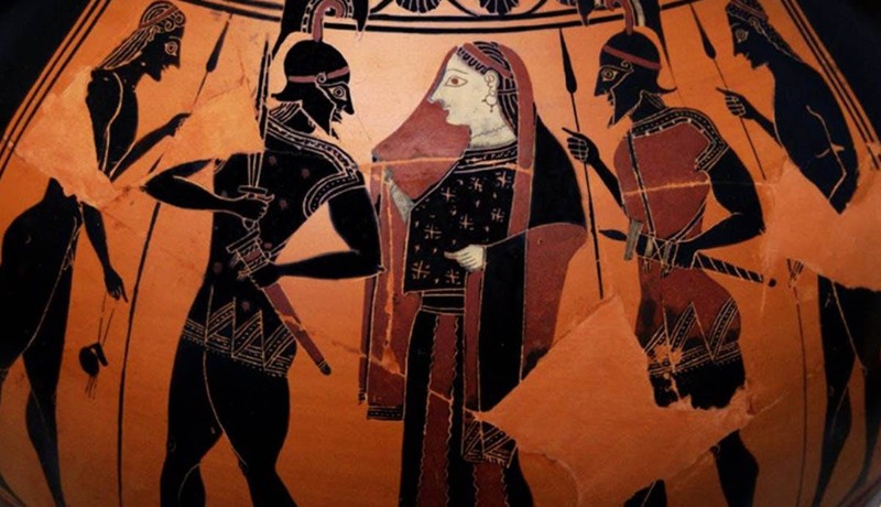 Menelao dejando Troya con Helena