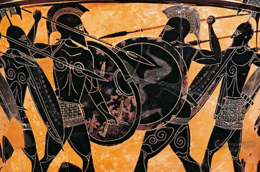 Jarrón griego que representa una escena de batalla