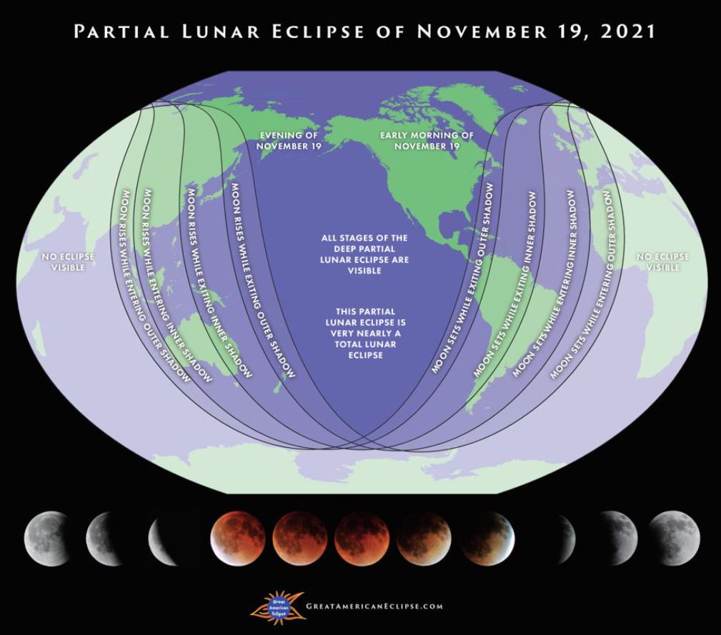 Mapa del mundo que muestra dónde será visible el eclipse parcial lunar en sus diferentes etapas