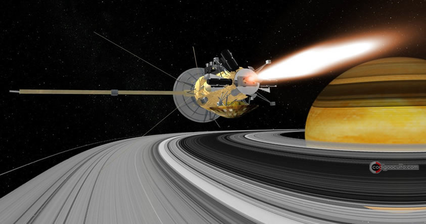 Representación artística de la sonda espacial Voyager a su paso por Saturno