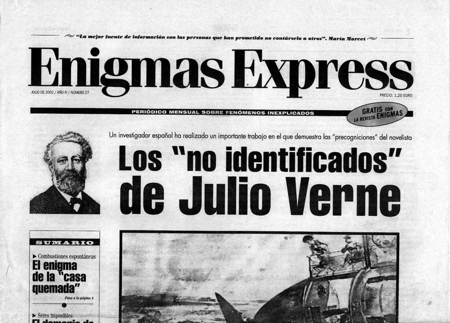 Publicación del autor del reportaje en el periódico Enigma Express que recogía sus investigaciones sobre las extrañas predicciones de Julio Verne.