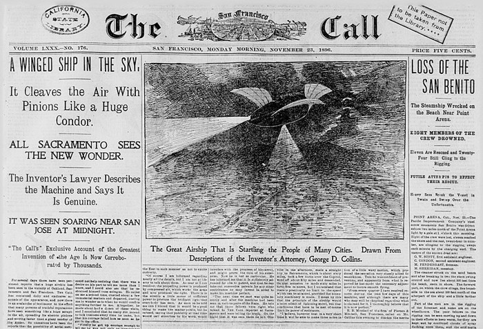 La prensa norteamericana recogió entre sus paginas la aparición de unas extrañas aeronaves en sus cielos (Portada de San Francisco Call del 23 de Noviembre de 1896)