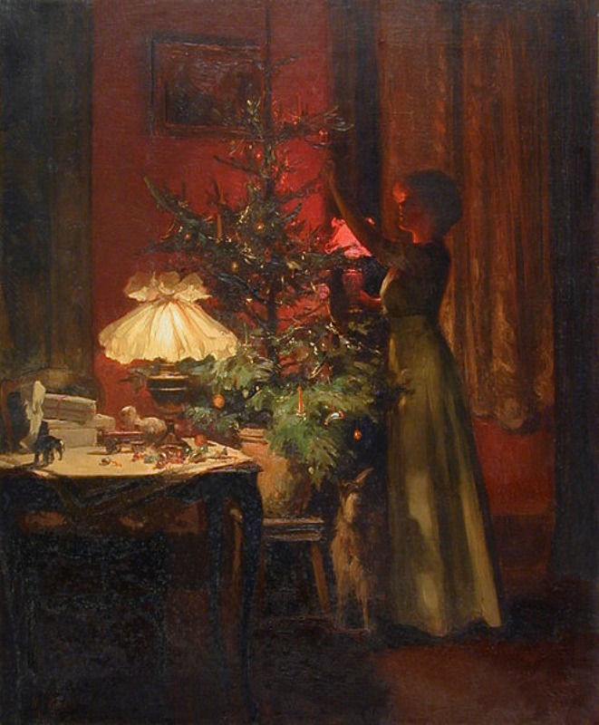 Joven dama decorando su árbol de Navidad en el cuadro "Navidad" (1898), obra de Marcel Rieder (1862-1942).