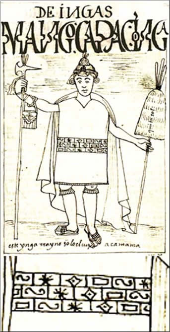 Manco Cápac, ilustración de la "Nueva crónica" de Felipe Huamán Poma de Ayala y detalle de los símbolos que decoran las ropas del rey inca