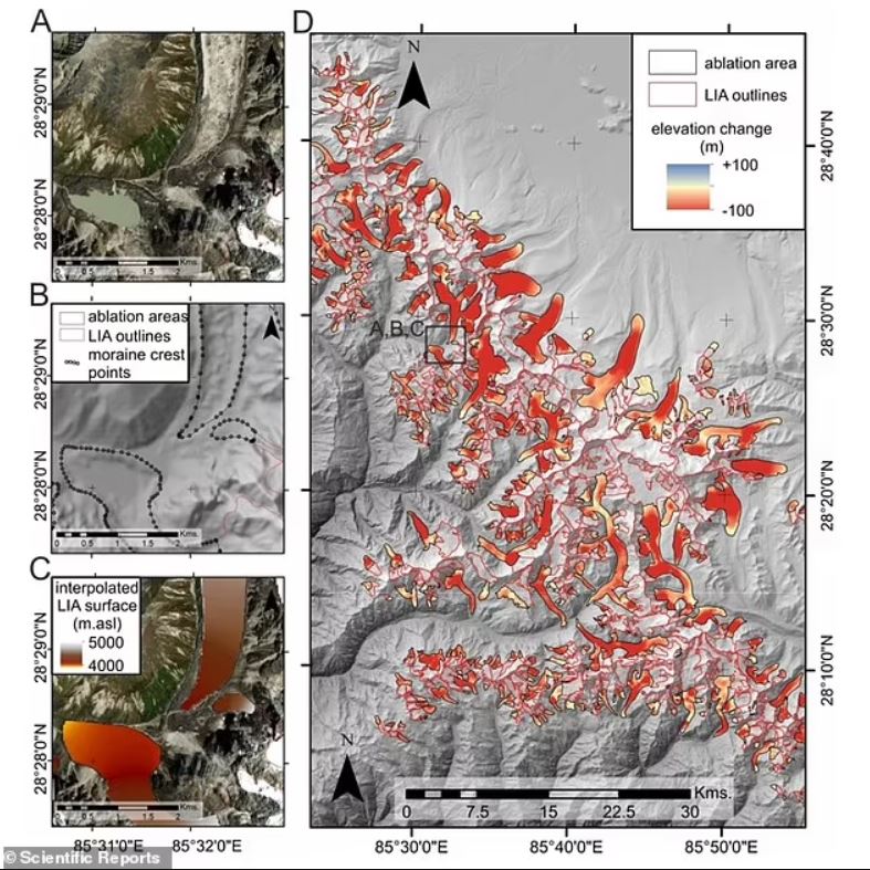 Ejemplo de la región de Langtang del Himalaya, que ilustra evidencia geomorfológica que comprende morrenas y líneas de corte (A) utilizadas para calcular la extensión pasada del glaciar (B) y para reconstruir las superficies de los glaciares anteriores