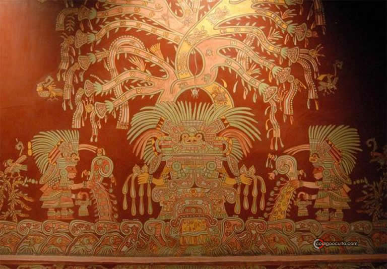 Reproducción de uno de los murales que representan a la Mujer Araña o Gran Diosa de Teotihuacán. Se encuentra en exhibición en el Museo Nacional de Antropología, Ciudad de México