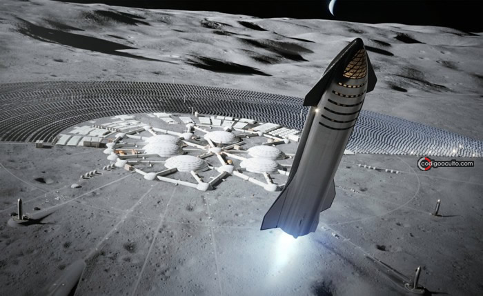 Representación artística de un cohete de SpaceX durante un alunizaje