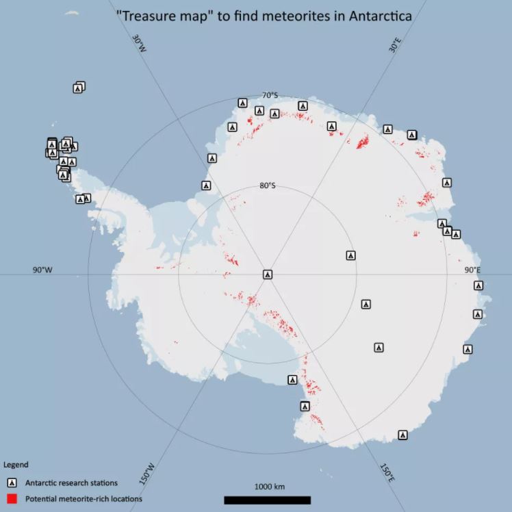 Un "mapa del tesoro" recientemente ideado para encontrar meteoritos en la Antártida, creado con la ayuda de un programa de inteligencia artificial. 