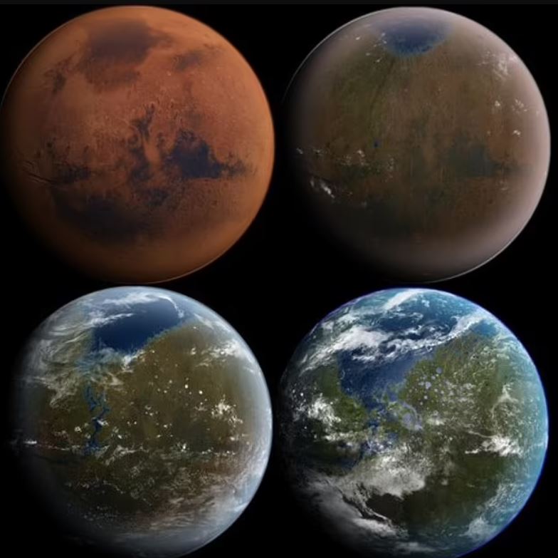 En la imagen: representación de Marte en terraformación, transformándose en un planeta parecido a la Tierra
