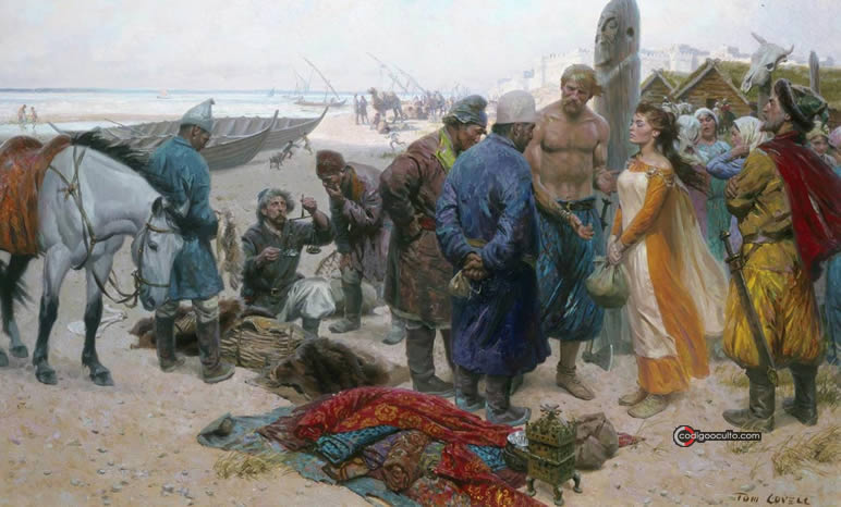 Representación artística de un vikingo ofreciendo una joven esclava a un mercader persa