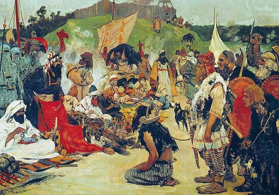 Representación artística que muestra negociaciones comerciales en el país de los Eslavos orientales. Obra de Sergei Vasilyevich Ivanov (1909)