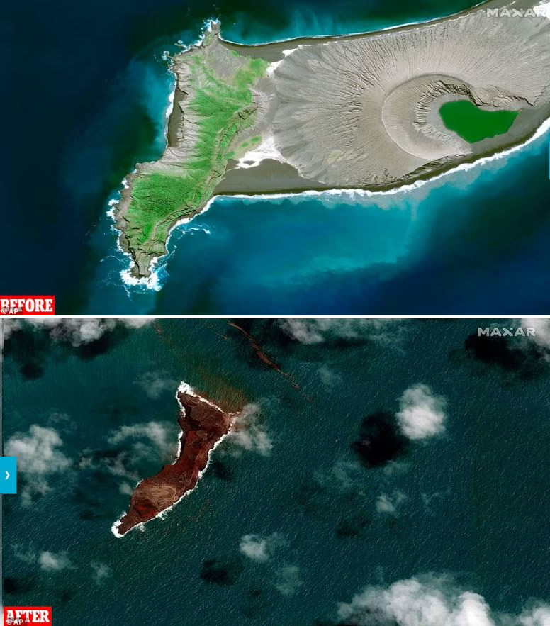Las imágenes satelitales tomadas del pico del volcán Hunga-Tonga muestran cómo quedó casi destruido en la erupción explosiva del sábado por la noche, con solo una pieza visible sobre el océano