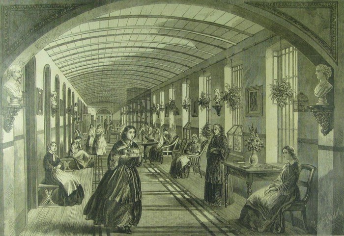 Una ilustración de la galería para mujeres del Bethlem Hospital de 1860