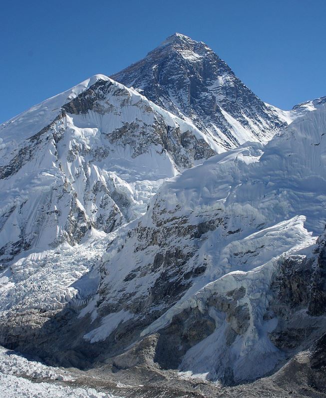 Vista del monte Everest: el collado Sur es el punto más bajo al fondo a la derecha (vista desde Kala Patthar, en Nepal)