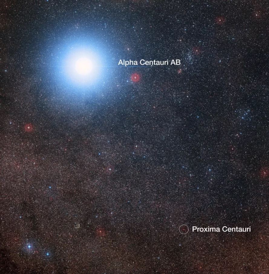 Esta imagen del cielo alrededor de la estrella brillante Alpha Centauri AB también muestra la estrella enana roja mucho más débil, Proxima Centauri, la estrella más cercana a nuestro sistema solar. La foto se generó a partir de imágenes que forman parte del Digitized Sky Survey 2. El halo azul alrededor de Alpha Centauri AB es un artefacto del proceso fotográfico; la estrella es en realidad de color amarillo pálido como nuestro sol