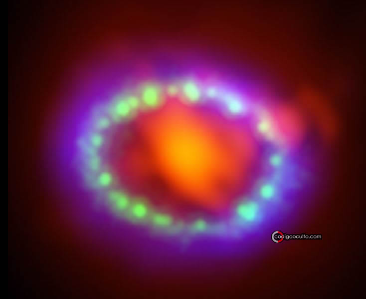 Esta imagen muestra el remanente de la Supernova SN 1987A vista a la luz de longitudes de onda muy diferentes