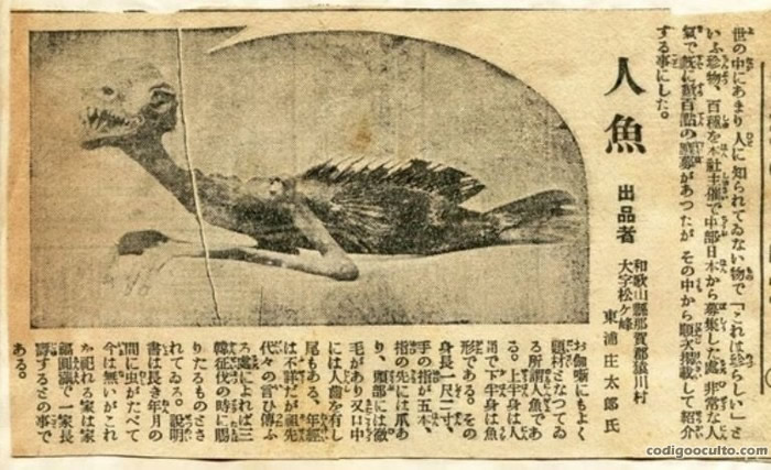 Antiguo afiche que muestra una sirena hallada en Japón