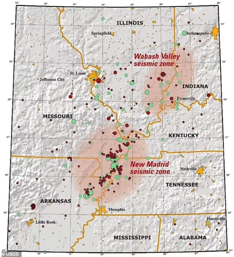Las partes centrales de los EE. UU. corren el riesgo de sufrir un devastador terremoto de magnitud 7 en los próximos 50 años, advirtieron los expertos. El área de mayor riesgo aparece en rojo en este mapa del Servicio Geológico de EE. UU.