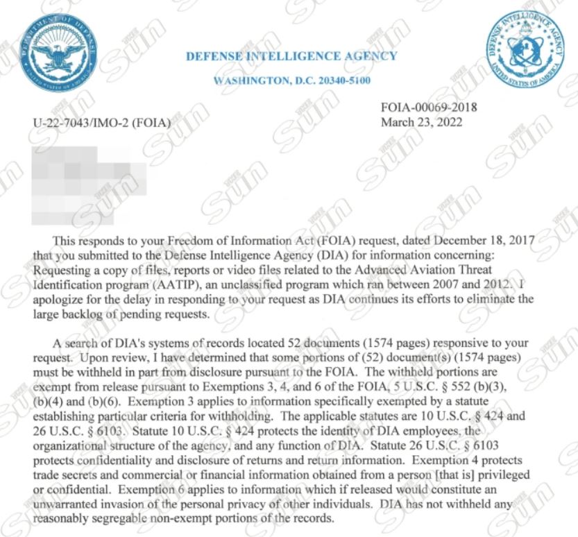 Carta de la Agencia de Inteligencia de Defensa (DIA) que confirma la publicación de 1.574 páginas de archivos