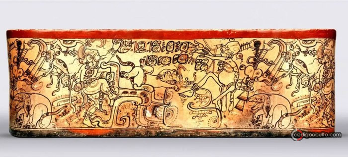 Una vasija maya encontrada y que muestra una escena mitológica