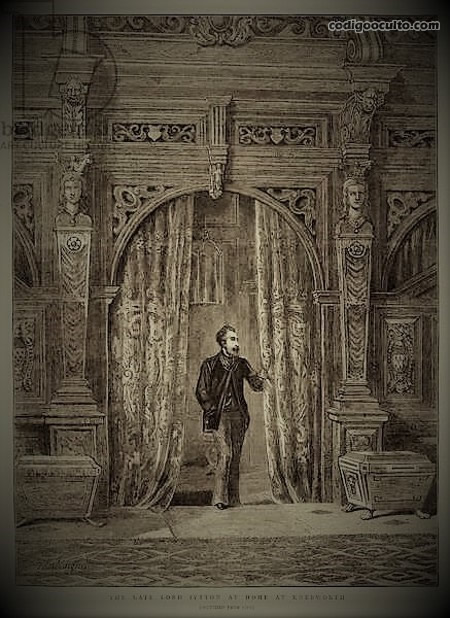 Un hermoso grabado de Edward Bulwer-Lytton retratado en su mansión de Knebworth House