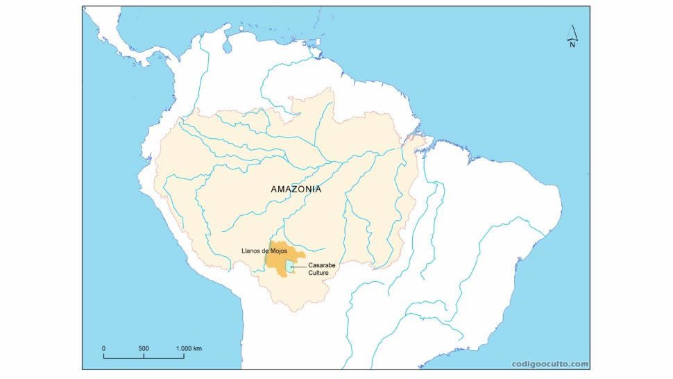 Mapa de la sabana de los Llanos de Mojos y la zona de la Cultura Casarabe