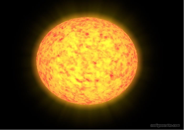 Representación del OVNI de color naranja con aspecto de "mini sol" y basada en descripciones de testigos