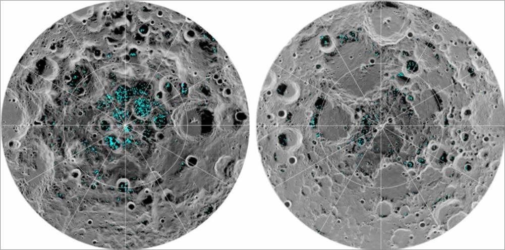 La distribución del hielo superficial en el polo sur de la Luna, a la izquierda, y el polo norte, a la derecha