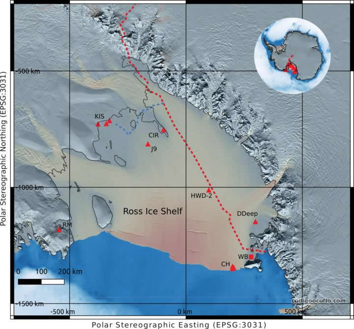Áreas de estudio para el equipo de científicos de NIWA que investigan la plataforma de hielo de Ross