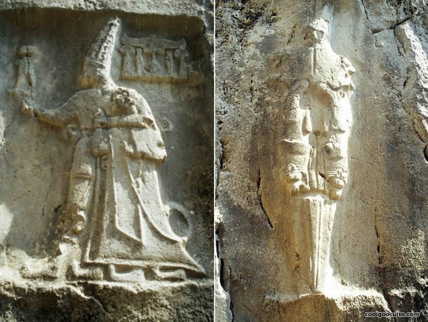 Izquierda: talla de roca que representa al dios Sharruma y al rey Tudhaliya, fechada alrededor de 1250-1220 a. C. Derecha: Nergal, el dios del inframundo en la era de la Antigua Asiria y la Antigua Babilonia.