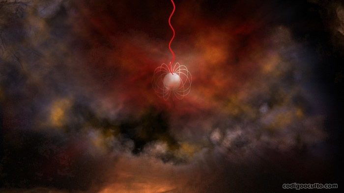 Representación artística de una estrella de neutrones con un campo magnético ultrafuerte, llamada magnetar, que emite ondas de radio (rojo). Los magnetares son un candidato principal para lo que genera ráfagas de radio rápidas