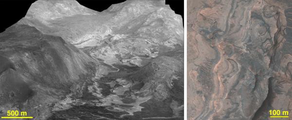 A la izquierda, imagen de HiRISE superpuesta a una vista en perspectiva del modelo de terreno digital derivado de HiRISE (exageración vertical 2X) de sedimentos arcillosos dentro de los valles a lo largo de las tierras altas del sudoeste de la cuenca de Ladon. A la derecha, los sedimentos que contienen arcilla muestran capas de colores en esta imagen en color mejorada de HiRISE