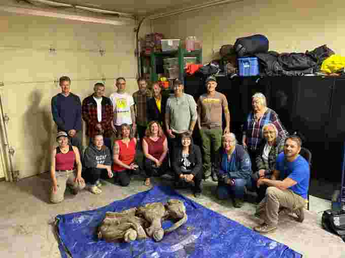 Ciudadanos de Trʼondëk Hwëchʼin y representantes del gobierno de Yukón, la mina Treadstone y la Universidad de Calgary posan con el mamut Nun cho ga