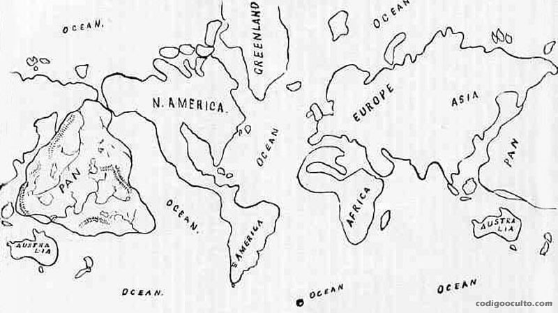 Pan el continente la tierra desaparecida del Pacífico que John Ballou Newbrough proclamó como de existencia real en el pasado terrestre. Aquí el mapa que incluyó en Oahspe