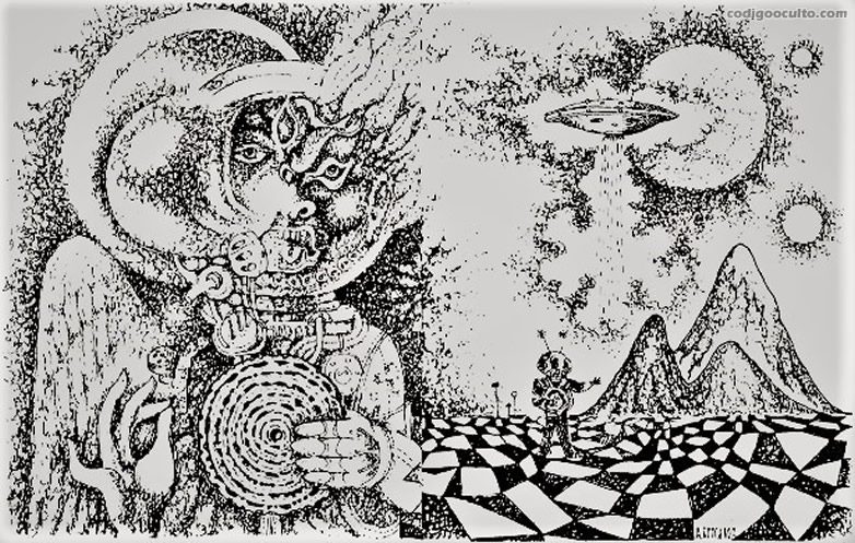 Este dibujo en su día se interpretó como un supuesto grabado rupestre localizado en una roca de Fergana, Uzbekistán, Rusia. Su verdadero autor es A. Brinslow, y que sirviera para ilustrar el artículo publicado por Sputnik sobre los Dropa escrito por Viatcheslaw Zaitsev en 1967