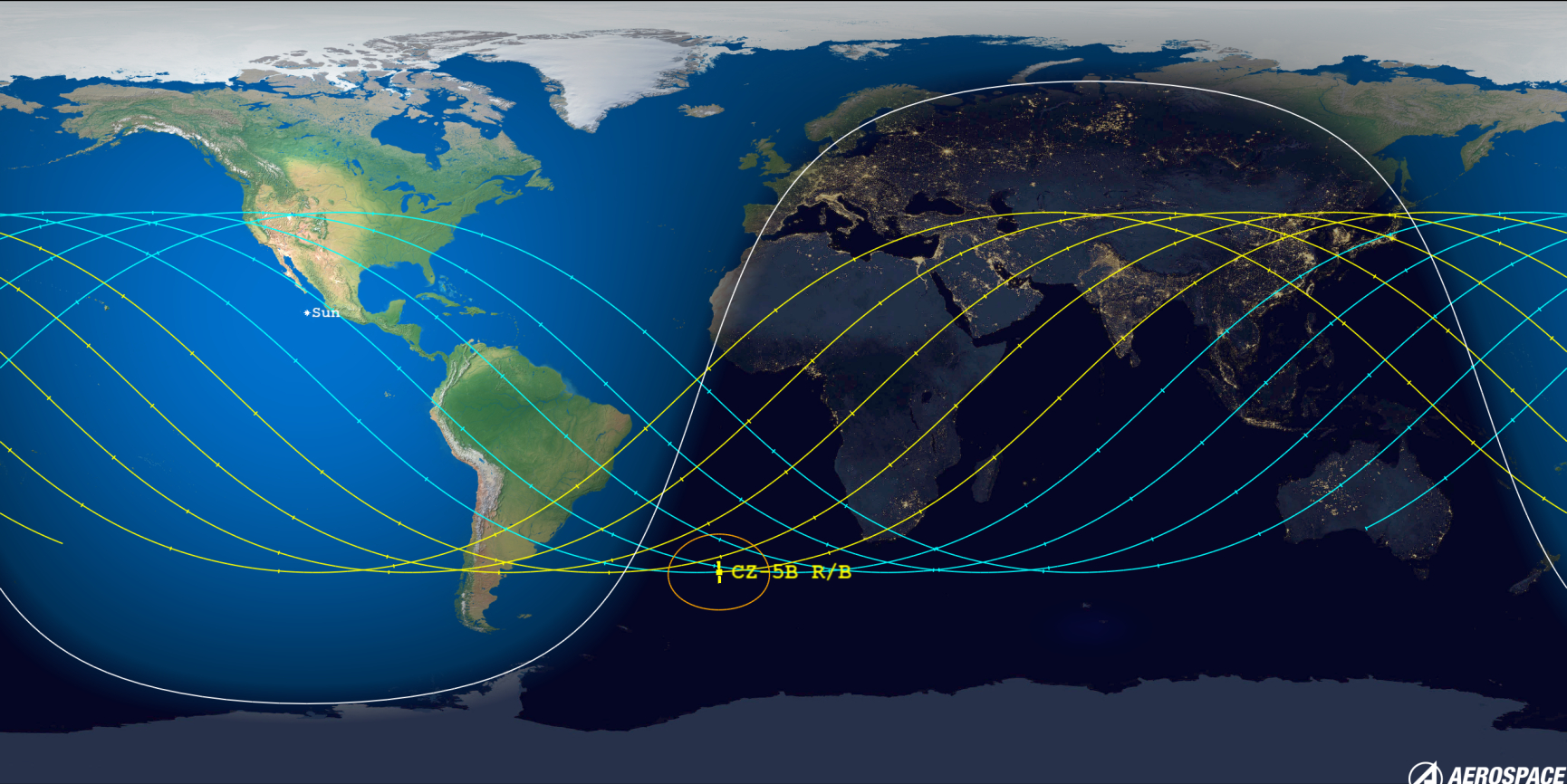 Este gráfico muestra la ubicación probable de reingreso del cohete Long March 5B de China en el Océano Atlántico sur el 30 de julio de 2022 al 28 de julio