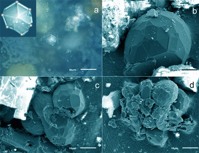 Imágenes ópticas (a) y SEM (bd) de los cristales de carbono en el polvo meteorítico de Chelyabinsk