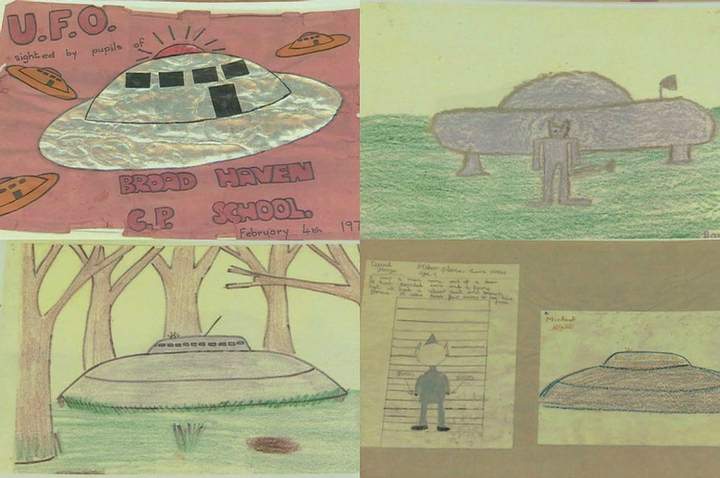 Dibujos realizados por los alumnos y tomados del álbum de recortes de OVNIs de 1977 de la escuela de Broad Haven.