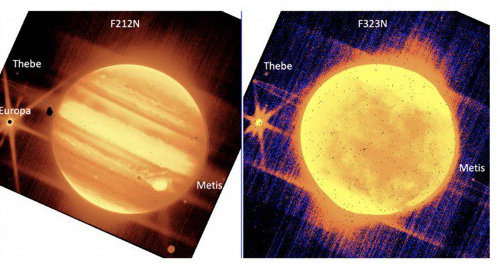 Izquierda: Júpiter, centro, y sus lunas Europa, Tebe y Metis se ven a través del filtro de 2.12 micras del instrumento NIRCam del telescopio espacial James Webb. Derecha: Júpiter y Europa, Tebe y Metis se ven a través del filtro de 3.23 micras de NIRCam