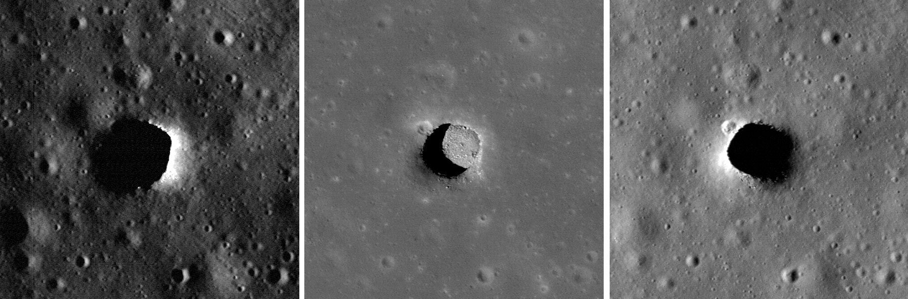 La Cámara del Orbitador de Reconocimiento Lunar de la NASA ahora ha tomado imágenes del pozo de Marius Hills tres veces, cada vez con una iluminación muy diferente. El panel central, con el Sol en lo alto, brinda a los científicos una excelente vista del piso de la fosa de Marius Hills. El pozo Marius tiene unos 34 metros de profundidad y 65 por 90 metros de ancho